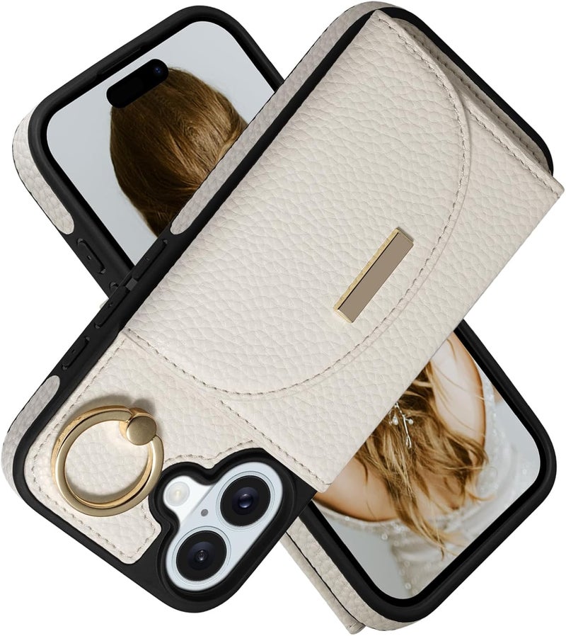 Keallce Wallet Case for iPhone 16 Plus 6.7'', Flip Case with Card Slots, Ring Holder Kickstand, PU Leather Protective Folio Cover for Women, Beige - Image 1